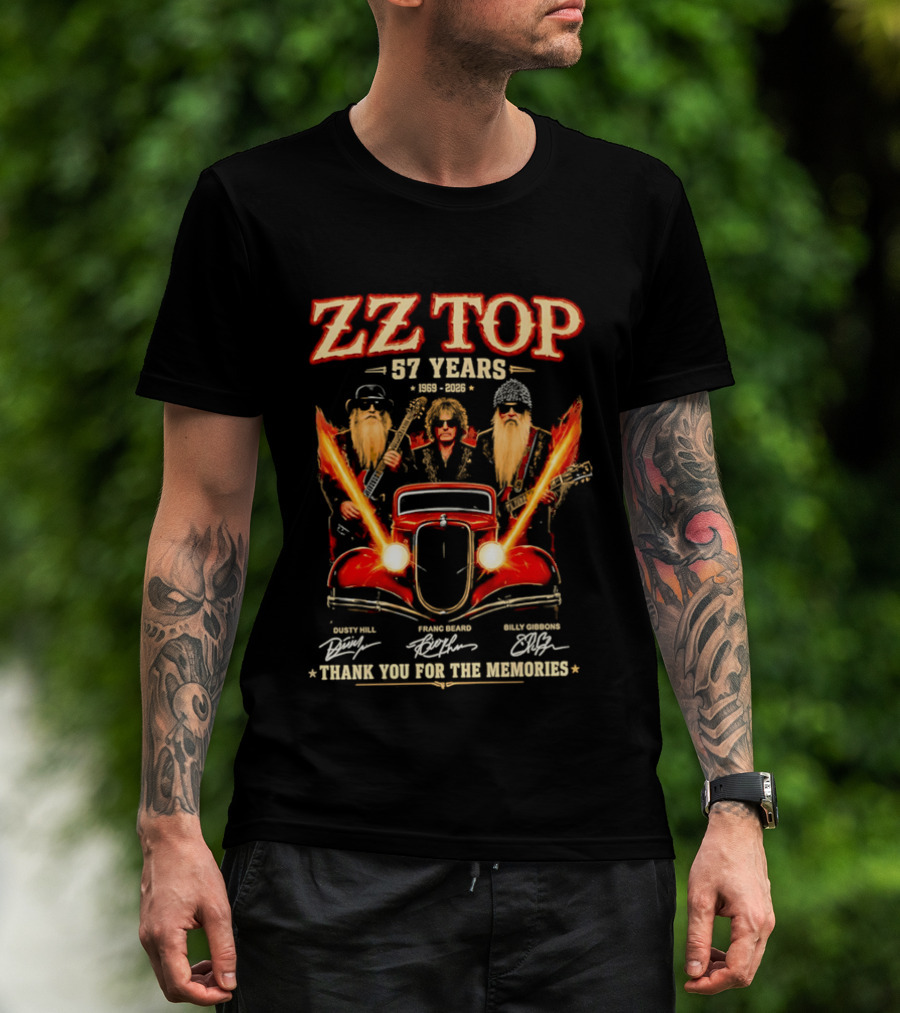 ZZ Top 57 Years 1969 2026 Dusty Hill Franc Beard Billy Gibbons Thank You For The Memories Classic Car And Guitars T-Shirt