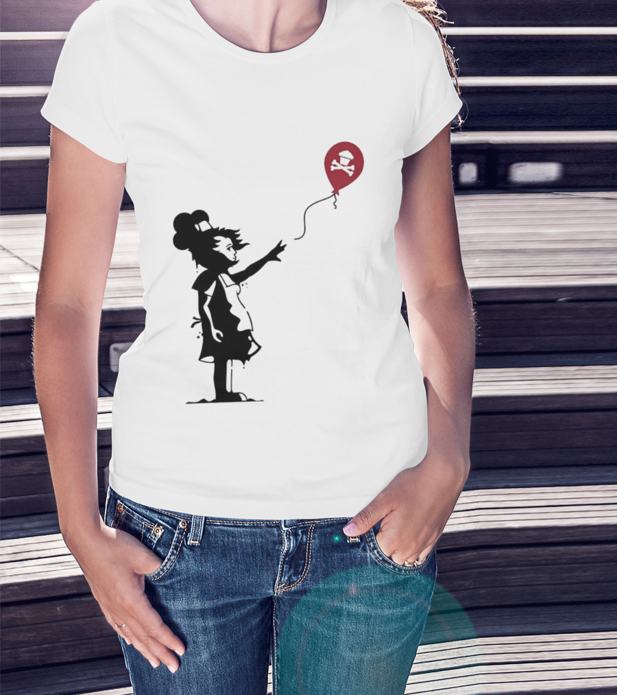Baker Reaching For Cupcake And Crossbones Balloon Black Silhouette On Red T-Shirt
