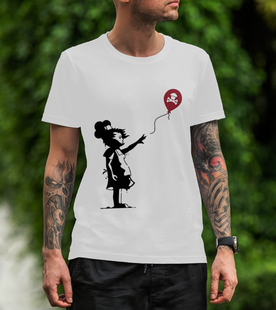 Baker Reaching For Cupcake And Crossbones Balloon Black Silhouette On Red T-Shirt