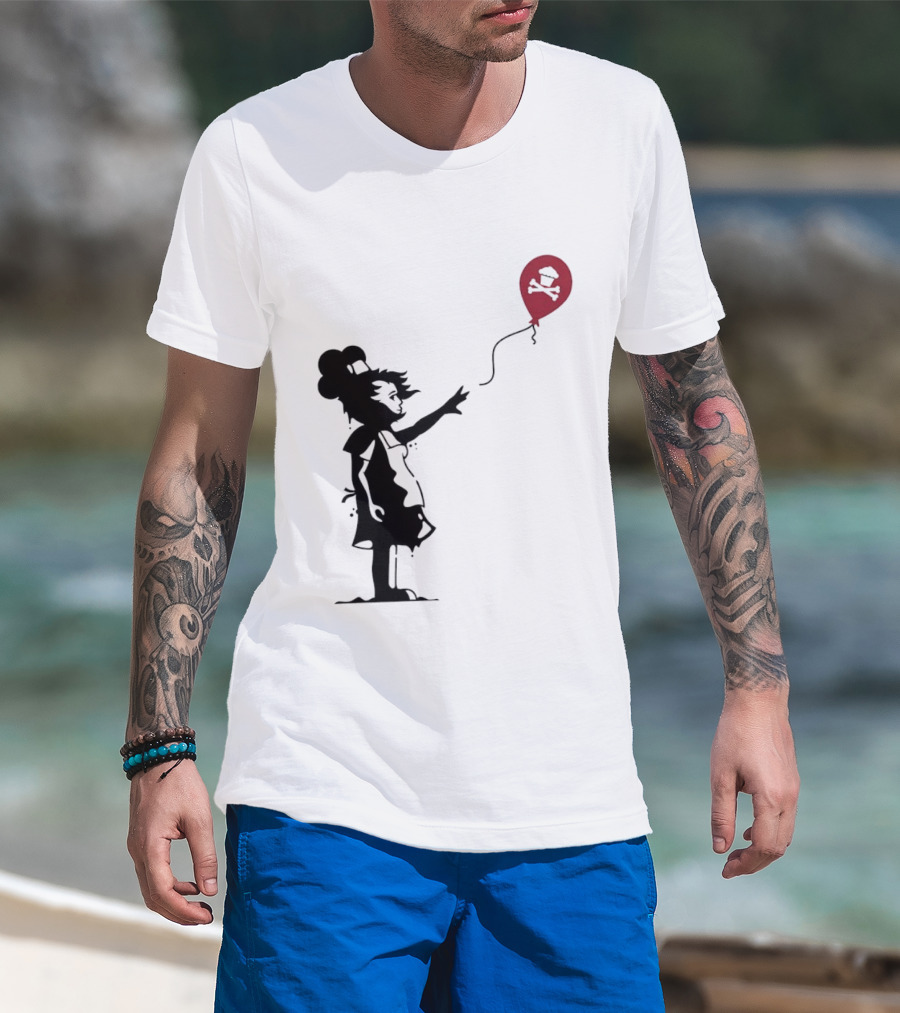 Baker Reaching For Cupcake And Crossbones Balloon Black Silhouette On Red T-Shirt