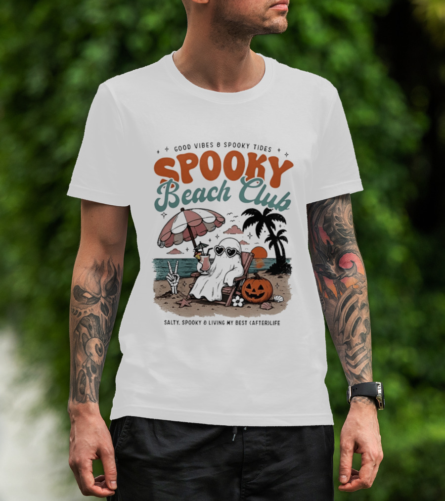 Good Vibes & Spooky Tides Spooky Beach Club Salty Spooky & Living My Best Afterlife T-Shirt
