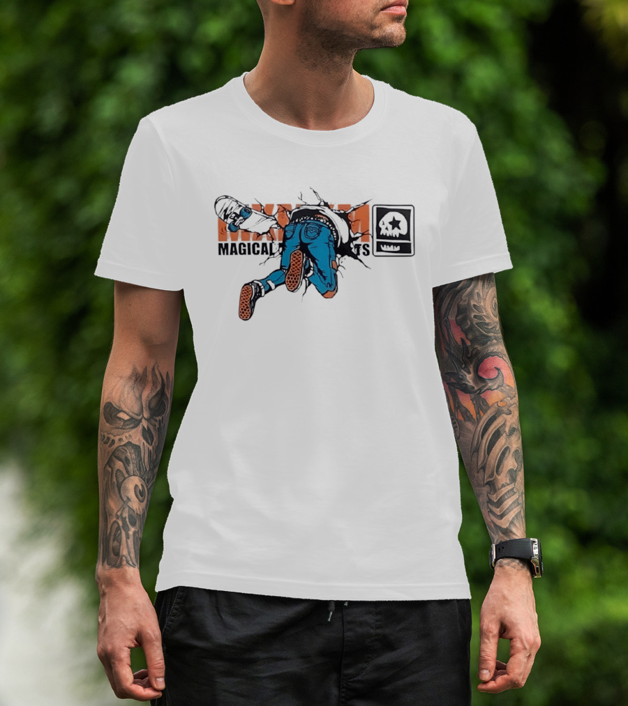 Magical Skateboarder Crashing Through Wall Skull Jeans Brick Wall T-Shirt