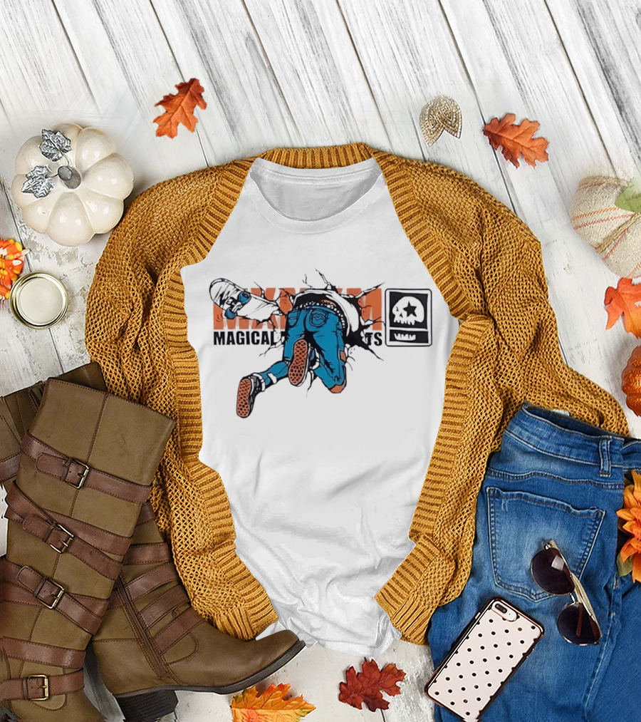Magical Skateboarder Crashing Through Wall Skull Jeans Brick Wall T-Shirt