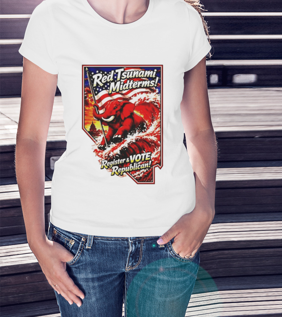 Red Tsunami Midterms Register And Vote Republican Political Elephant With American Flag T-Shirt