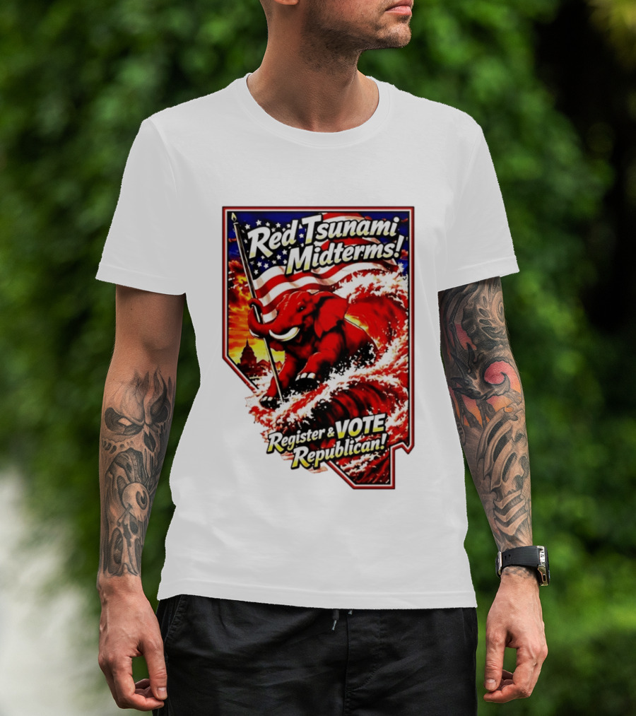 Red Tsunami Midterms Register And Vote Republican Political Elephant With American Flag T-Shirt
