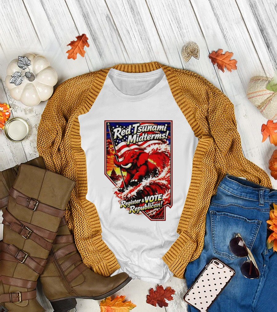 Red Tsunami Midterms Register And Vote Republican Political Elephant With American Flag T-Shirt