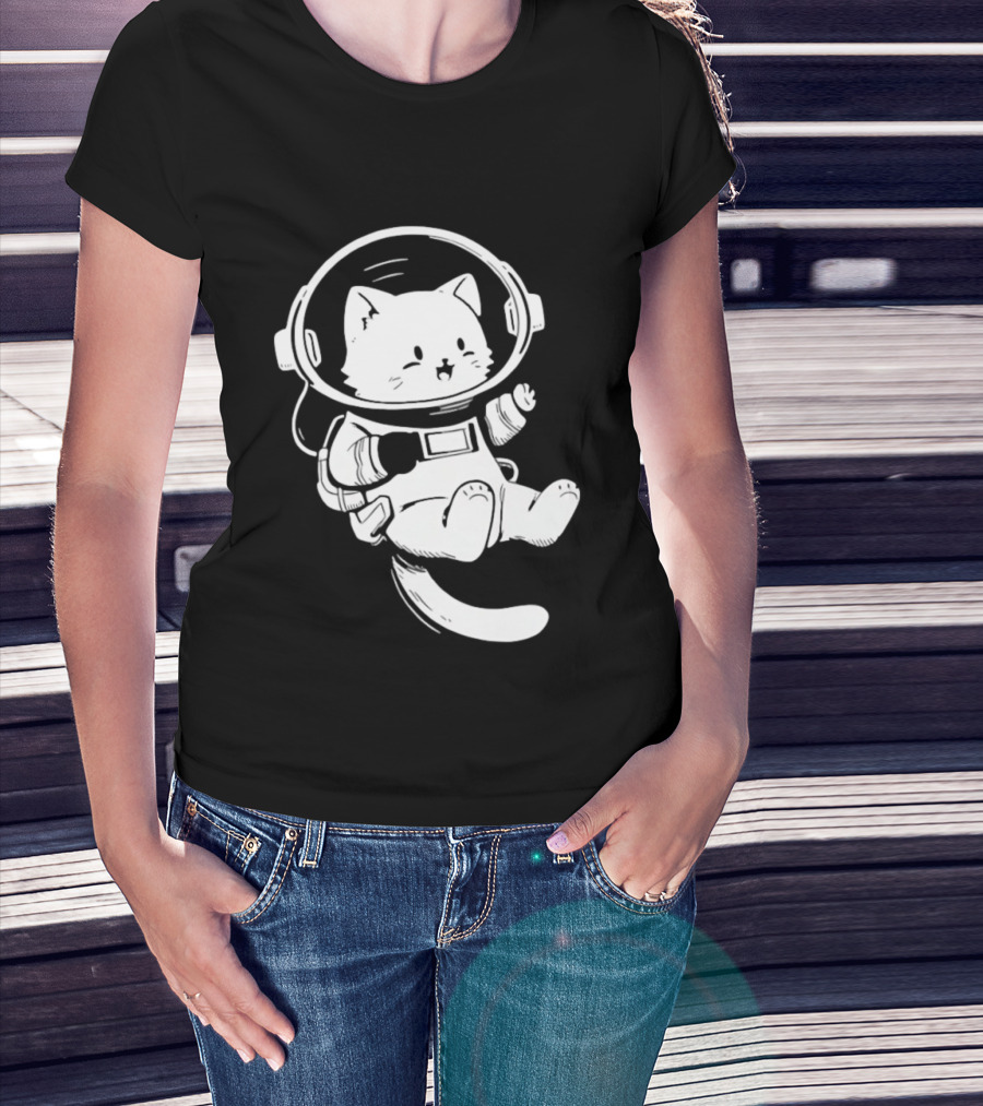 Astronaut Cat Floating In Space Suit Cosmic Adventure T-Shirt