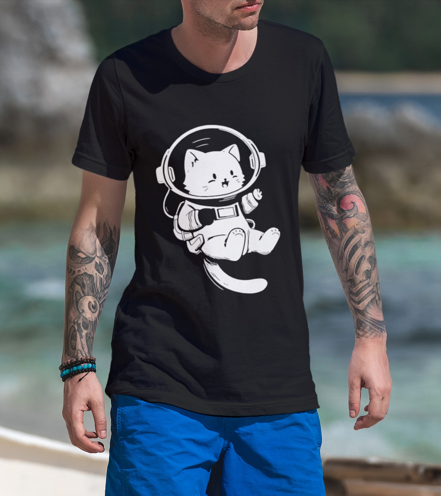 Astronaut Cat Floating In Space Suit Cosmic Adventure T-Shirt