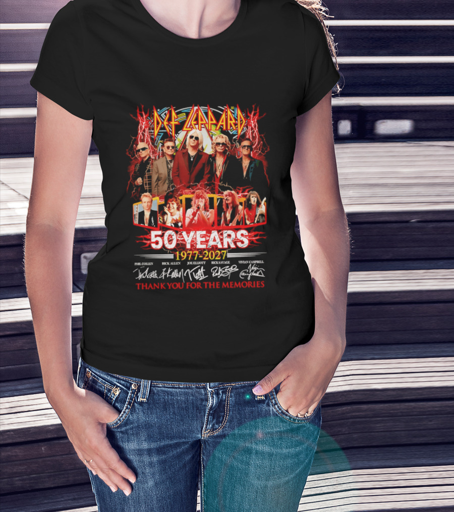 Def Leppard 50 Years 1977 2027 Thank You For The Memories Rock Legends Celebration Autographed Collage T-Shirt
