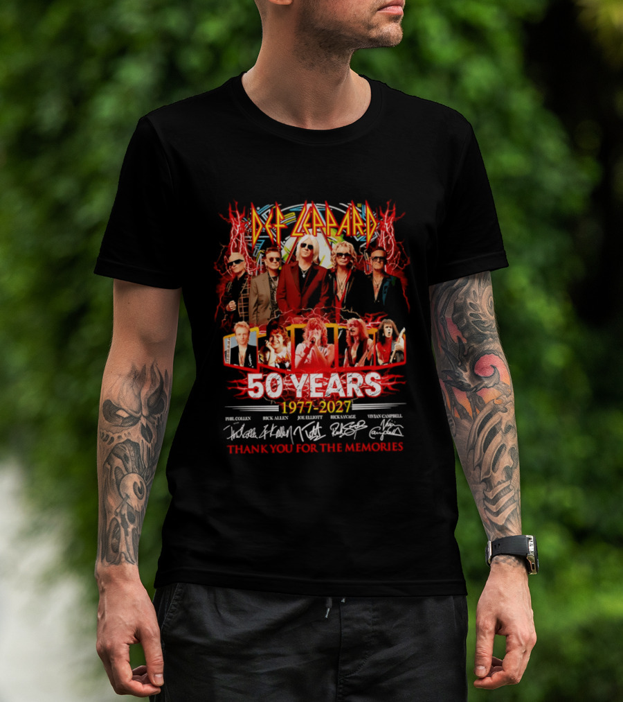 Def Leppard 50 Years 1977 2027 Thank You For The Memories Rock Legends Celebration Autographed Collage T-Shirt