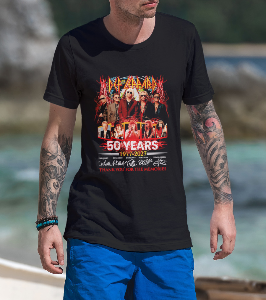 Def Leppard 50 Years 1977 2027 Thank You For The Memories Rock Legends Celebration Autographed Collage T-Shirt