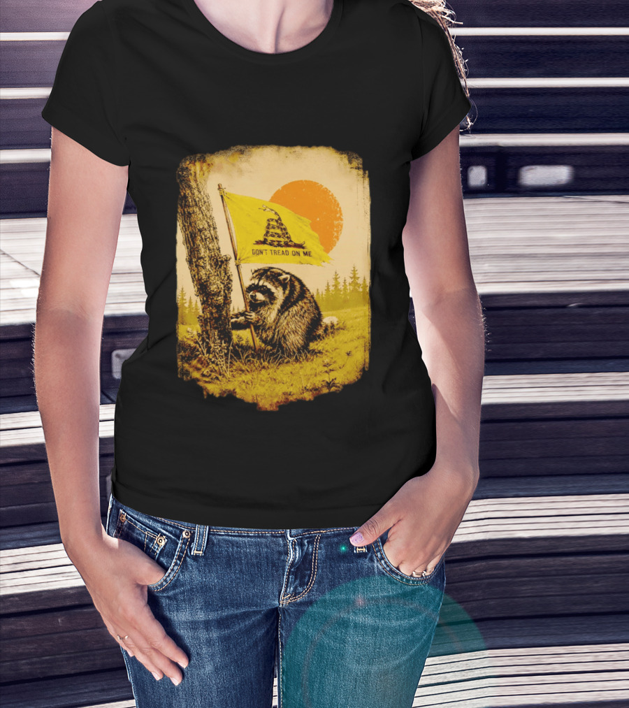 Don't Tread On Me Raccoon Holding Gadsden Flag Rustic Sun T-Shirt