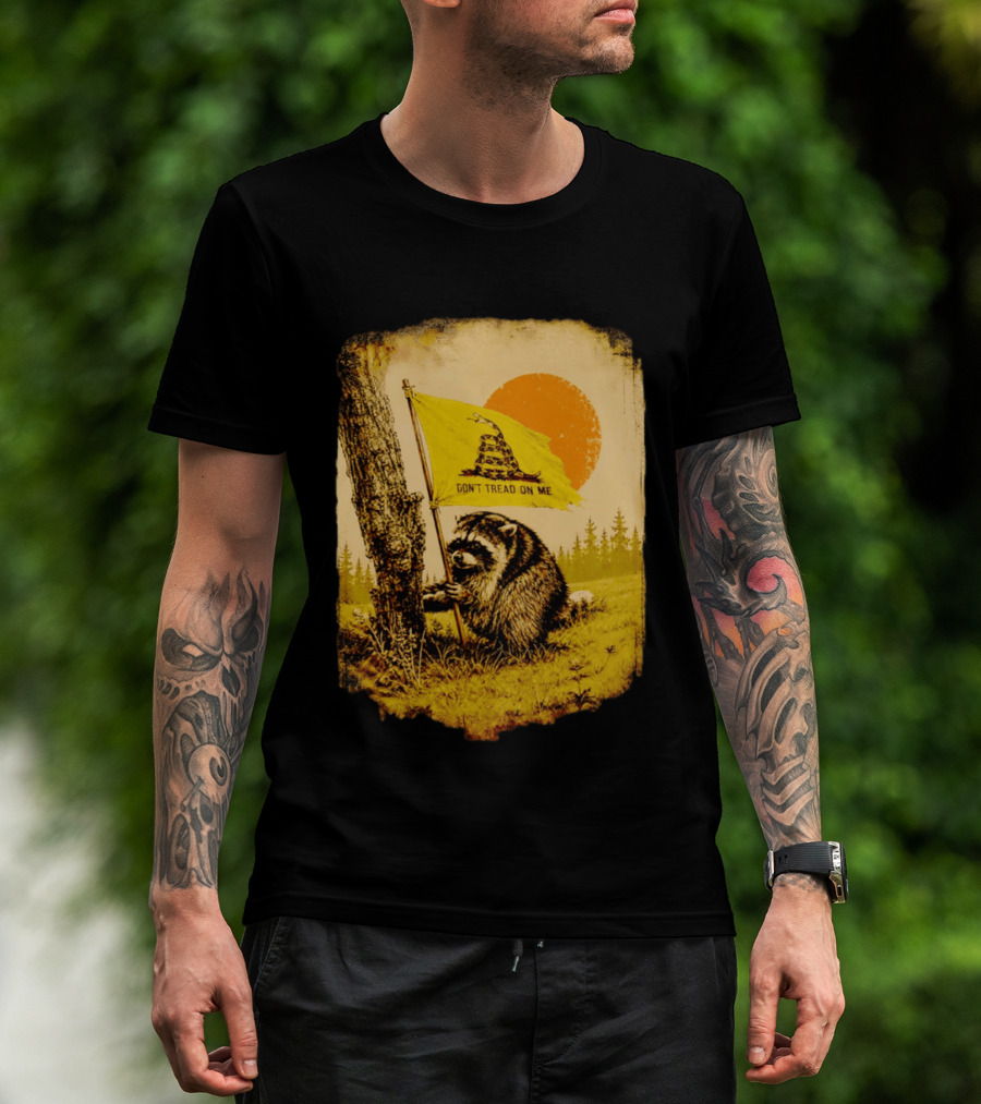 Don't Tread On Me Raccoon Holding Gadsden Flag Rustic Sun T-Shirt
