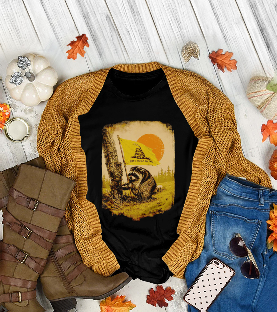 Don't Tread On Me Raccoon Holding Gadsden Flag Rustic Sun T-Shirt