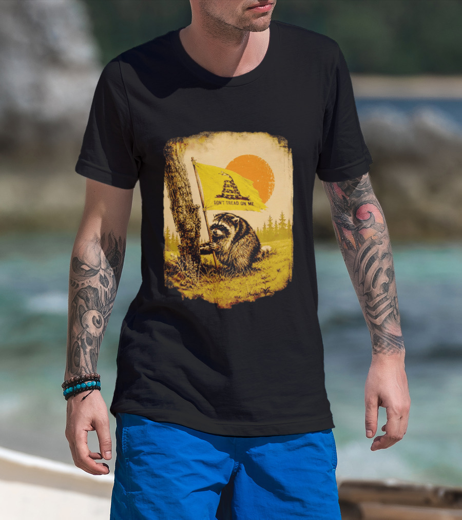 Don't Tread On Me Raccoon Holding Gadsden Flag Rustic Sun T-Shirt