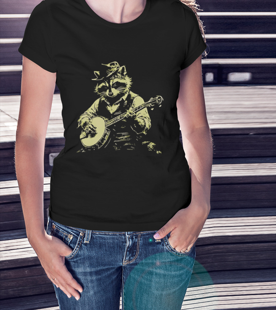 Raccoon Strumming Banjo Wearing Hat And Vest T-Shirt