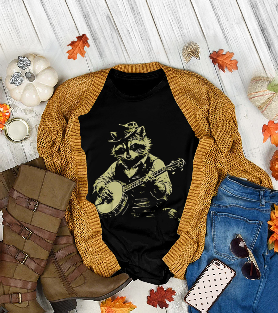 Raccoon Strumming Banjo Wearing Hat And Vest T-Shirt