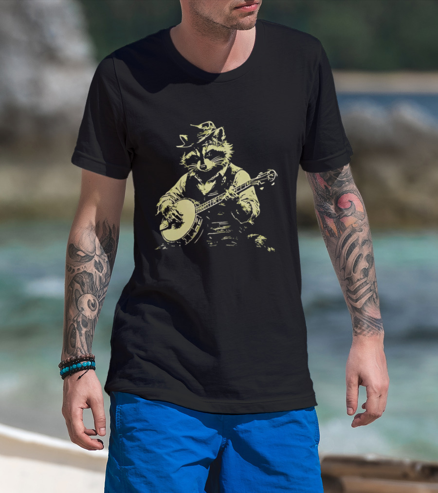 Raccoon Strumming Banjo Wearing Hat And Vest T-Shirt
