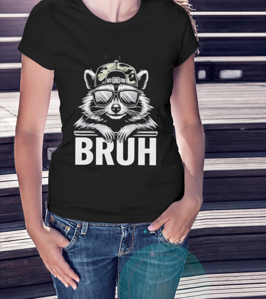 Raccoon With Camo Hat And Sunglasses Bruh T-Shirt