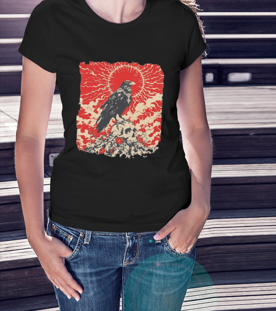 The Crow And The Skull Vintage Gothic Illustration Red Sunburst Mystical T-Shirt