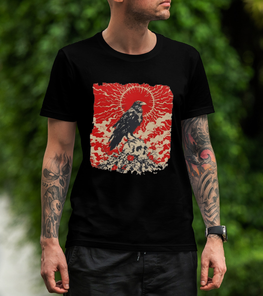 The Crow And The Skull Vintage Gothic Illustration Red Sunburst Mystical T-Shirt