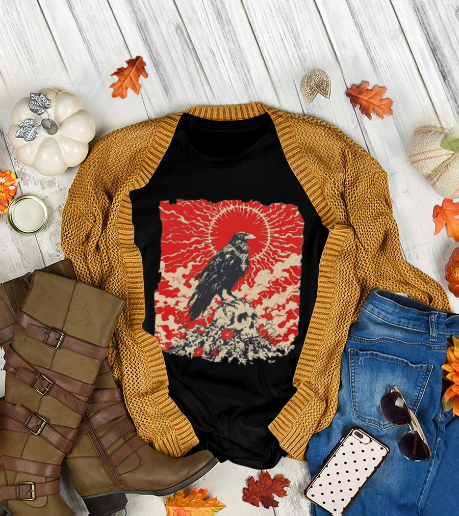 The Crow And The Skull Vintage Gothic Illustration Red Sunburst Mystical T-Shirt