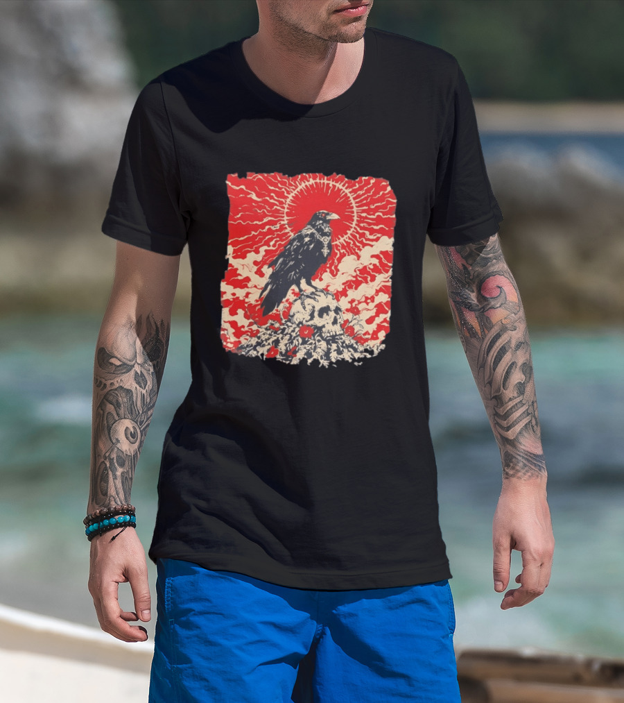 The Crow And The Skull Vintage Gothic Illustration Red Sunburst Mystical T-Shirt