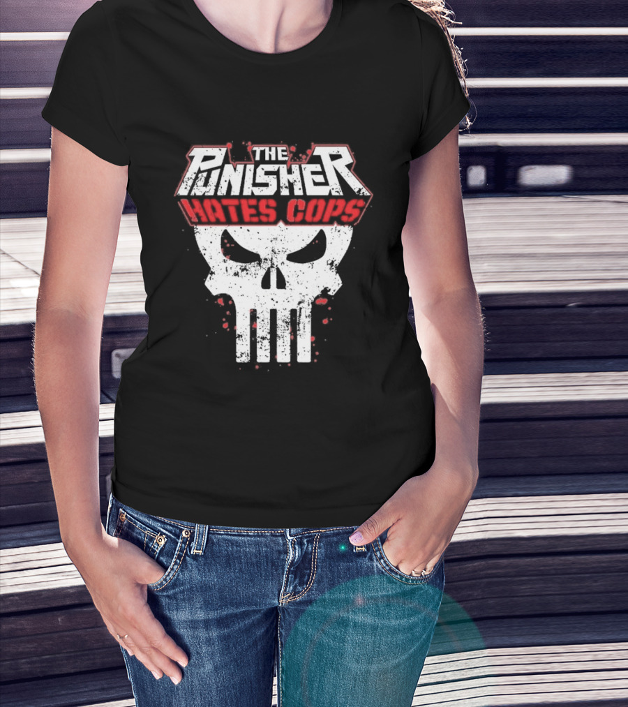 The Punisher Hates Cops Skull Symbol Red White T-Shirt