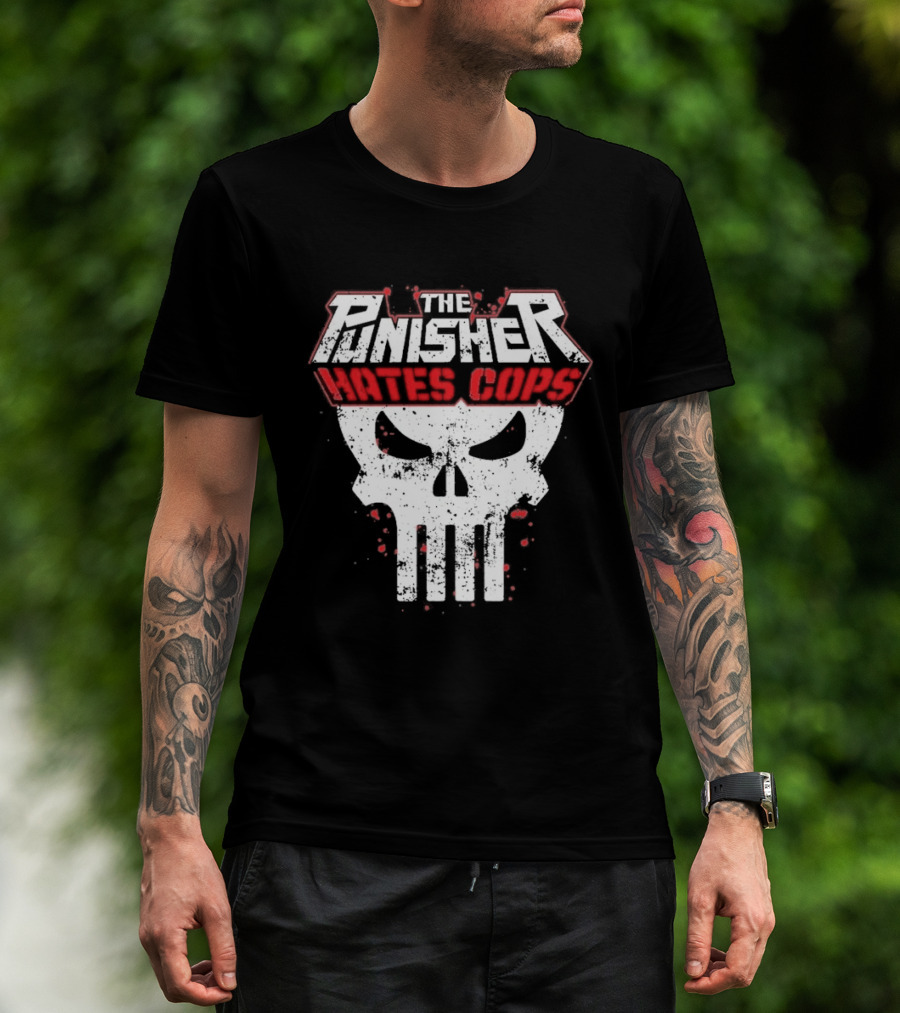 The Punisher Hates Cops Skull Symbol Red White T-Shirt