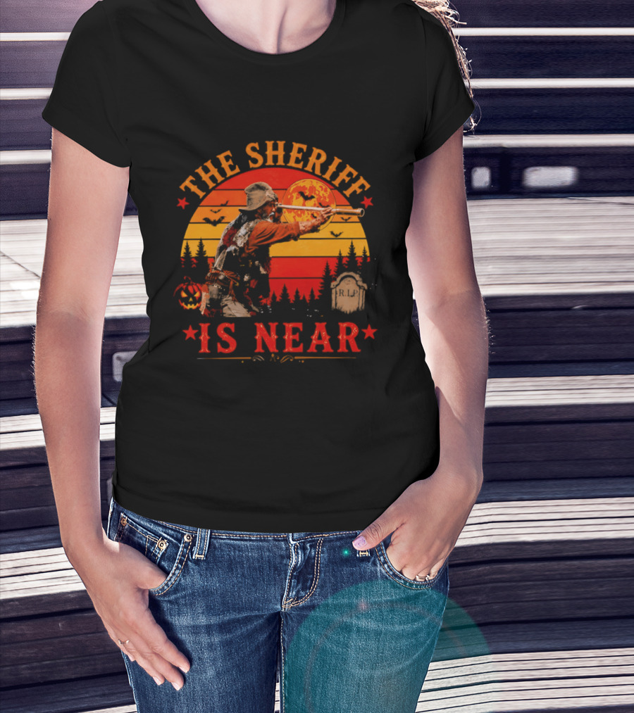 The Sheriff Is Near Halloween Cowboy Full Moon Tombstone Pumpkin Bats T-Shirt