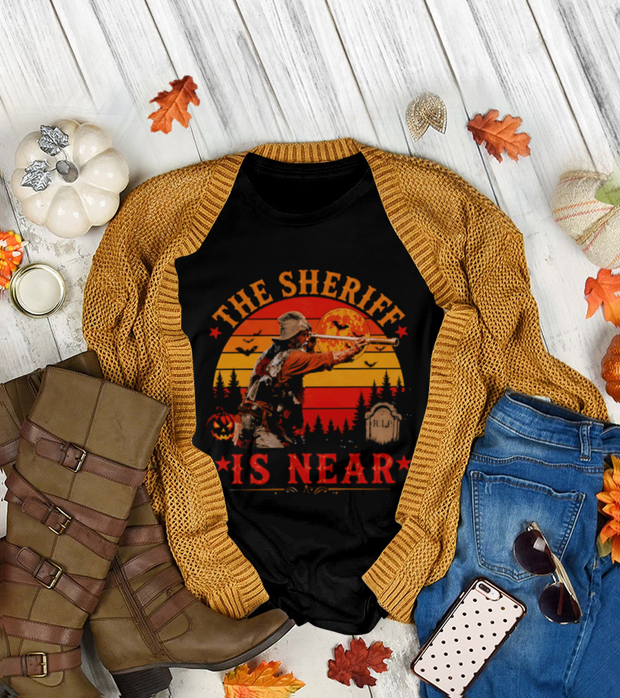 The Sheriff Is Near Halloween Cowboy Full Moon Tombstone Pumpkin Bats T-Shirt