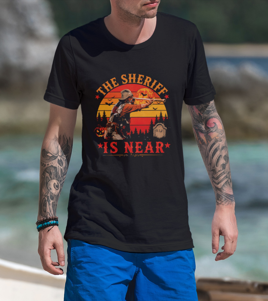 The Sheriff Is Near Halloween Cowboy Full Moon Tombstone Pumpkin Bats T-Shirt
