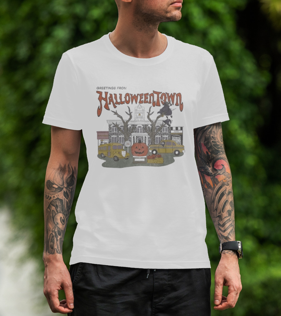Greetings From Halloweentown Spooky Pumpkin Taxi Bus Haunted House Scene T-Shirt