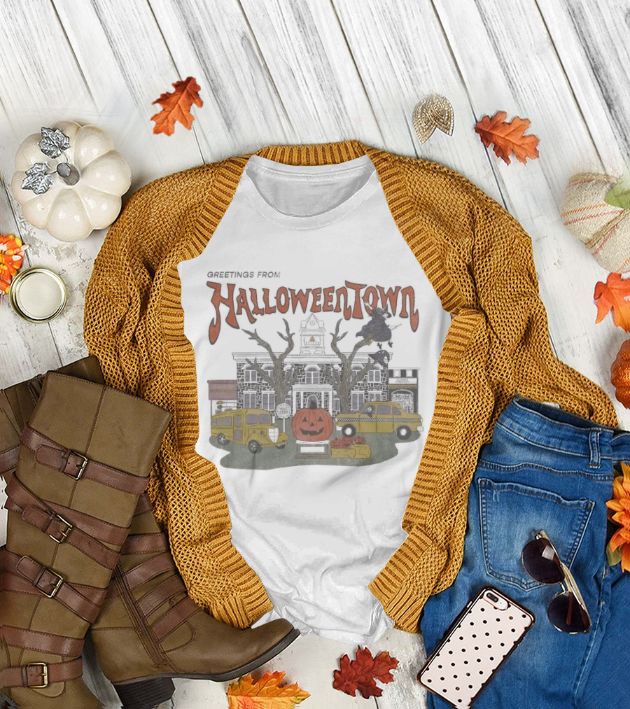 Greetings From Halloweentown Spooky Pumpkin Taxi Bus Haunted House Scene T-Shirt