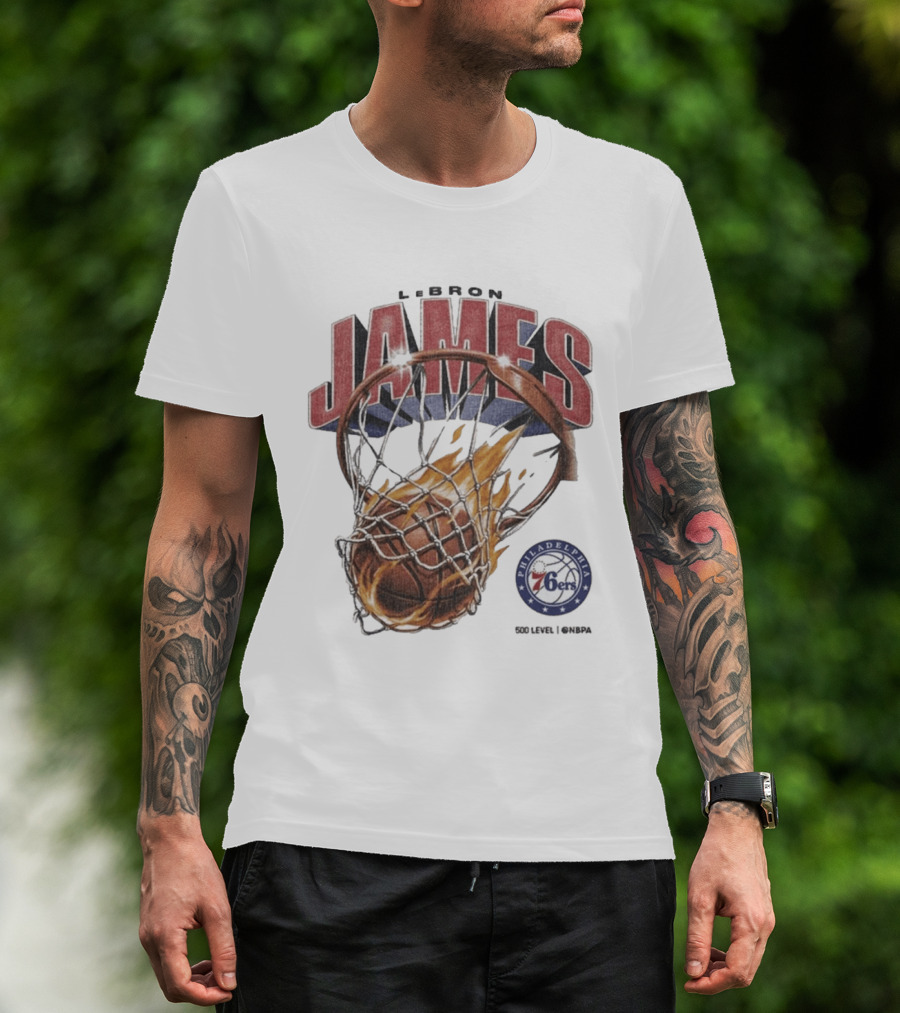 LeBron James Philadelphia 76ers Basketball Hoop Fire NBA 90s T-Shirt