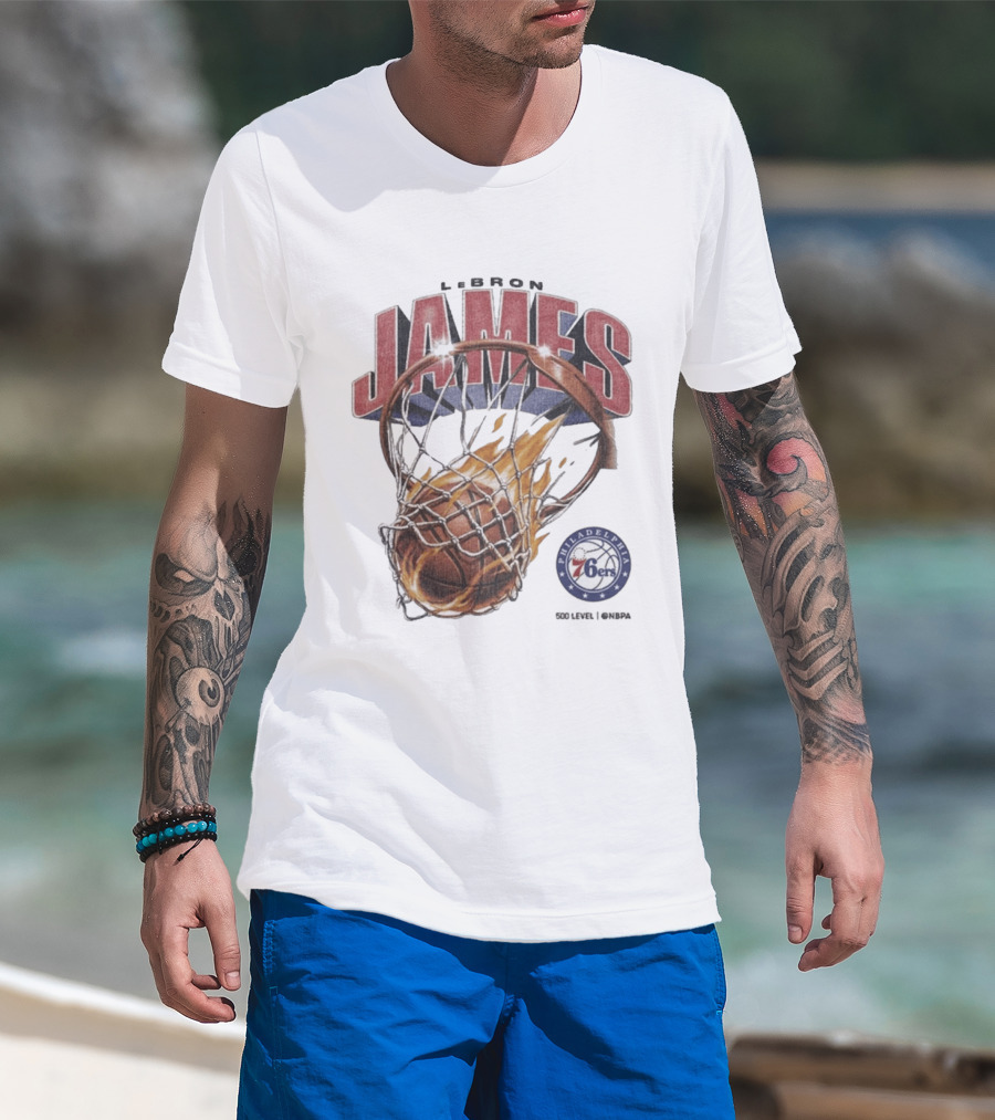 LeBron James Philadelphia 76ers Basketball Hoop Fire NBA 90s T-Shirt