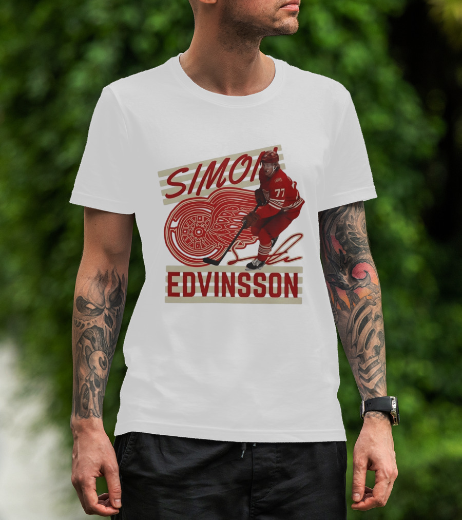 Simon Edvinsson 77 Detroit Red Wings Signature Hockey T-Shirt