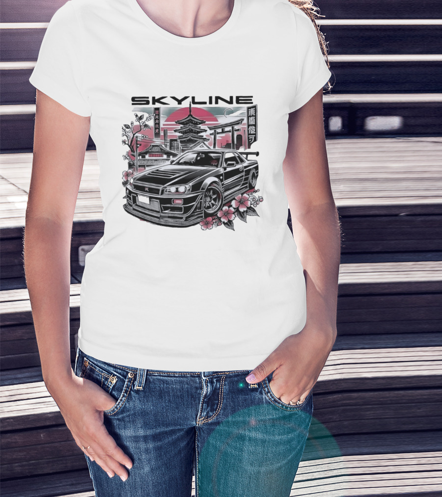 Skyline Japanese Cherry Blossom Car Pagoda Sun Blossoms T-Shirt