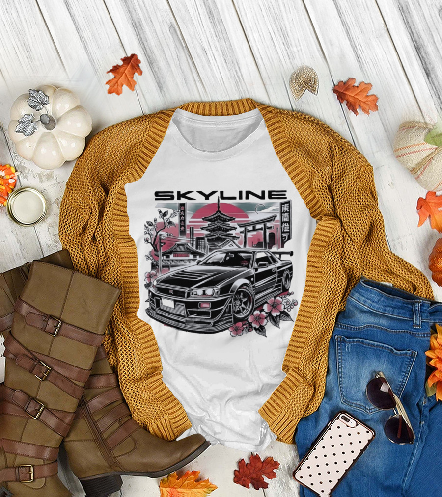 Skyline Japanese Cherry Blossom Car Pagoda Sun Blossoms T-Shirt