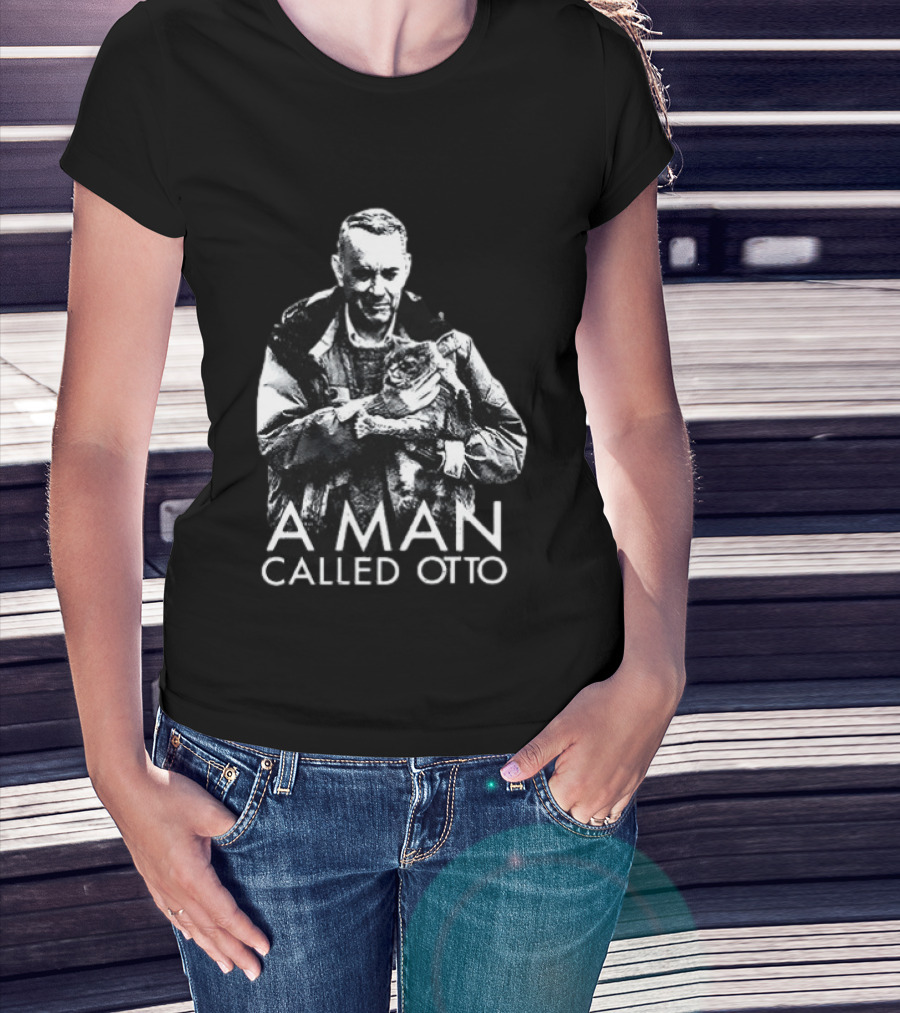 A Man Called Otto Holding Cat In Black And White T-Shirt