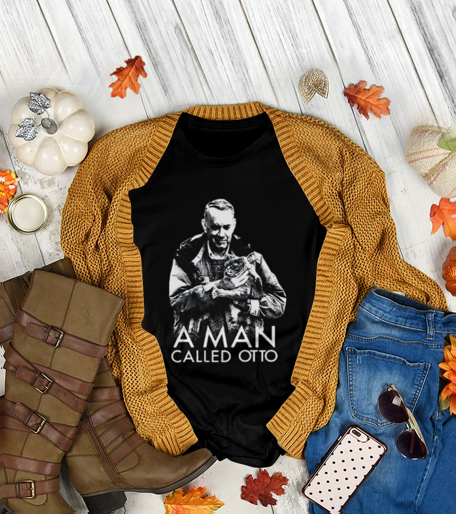 A Man Called Otto Holding Cat In Black And White T-Shirt