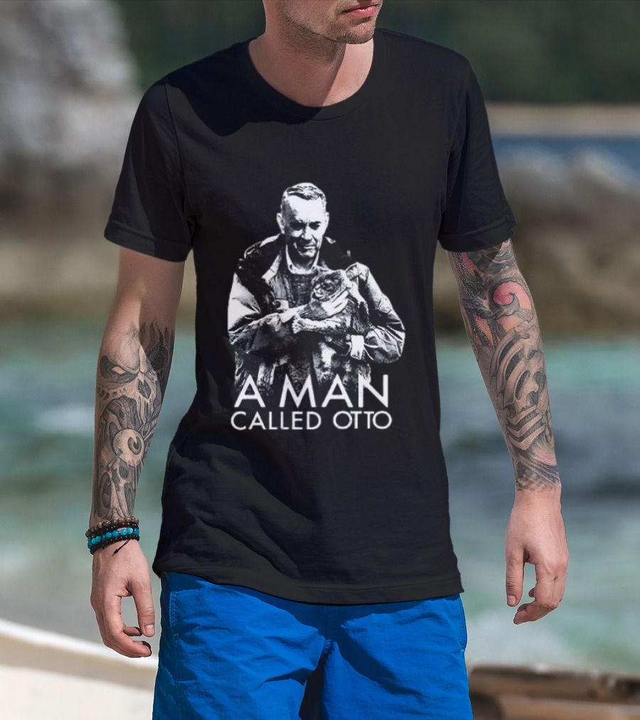 A Man Called Otto Holding Cat In Black And White T-Shirt
