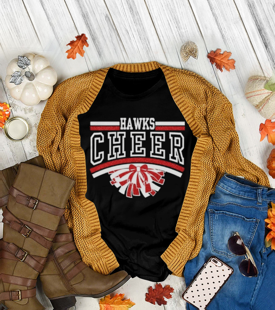 Hutchinson Hawks Cheer Maroon Glitter Bow Pom Pom T-Shirt