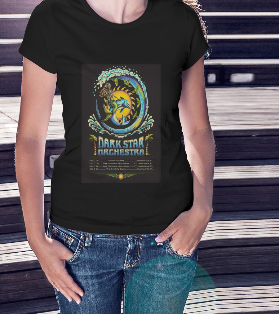 Dark Star Orchestra 2026 Florida Tour Dolphin Skeleton Wave Art And Dates T-Shirt