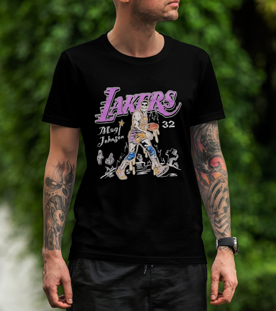 Lakers Magic Johnson 32 Skull Basketball Dribbling T-Shirt