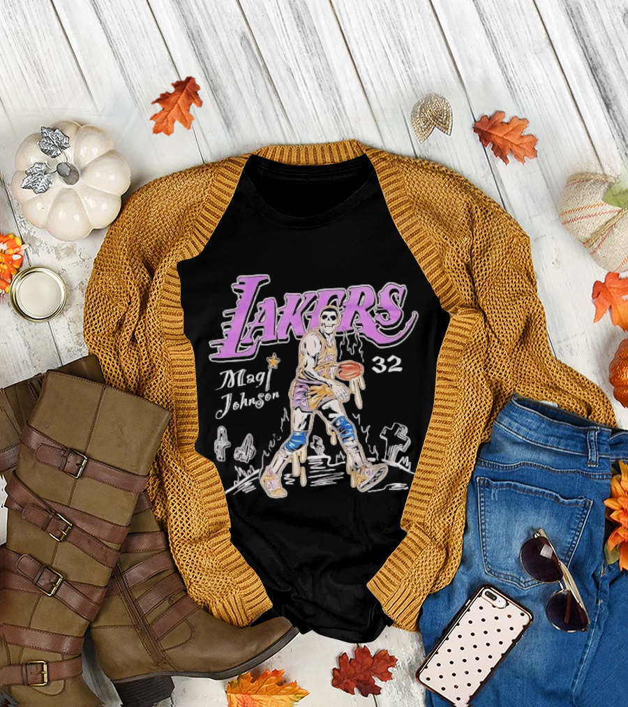 Lakers Magic Johnson 32 Skull Basketball Dribbling T-Shirt