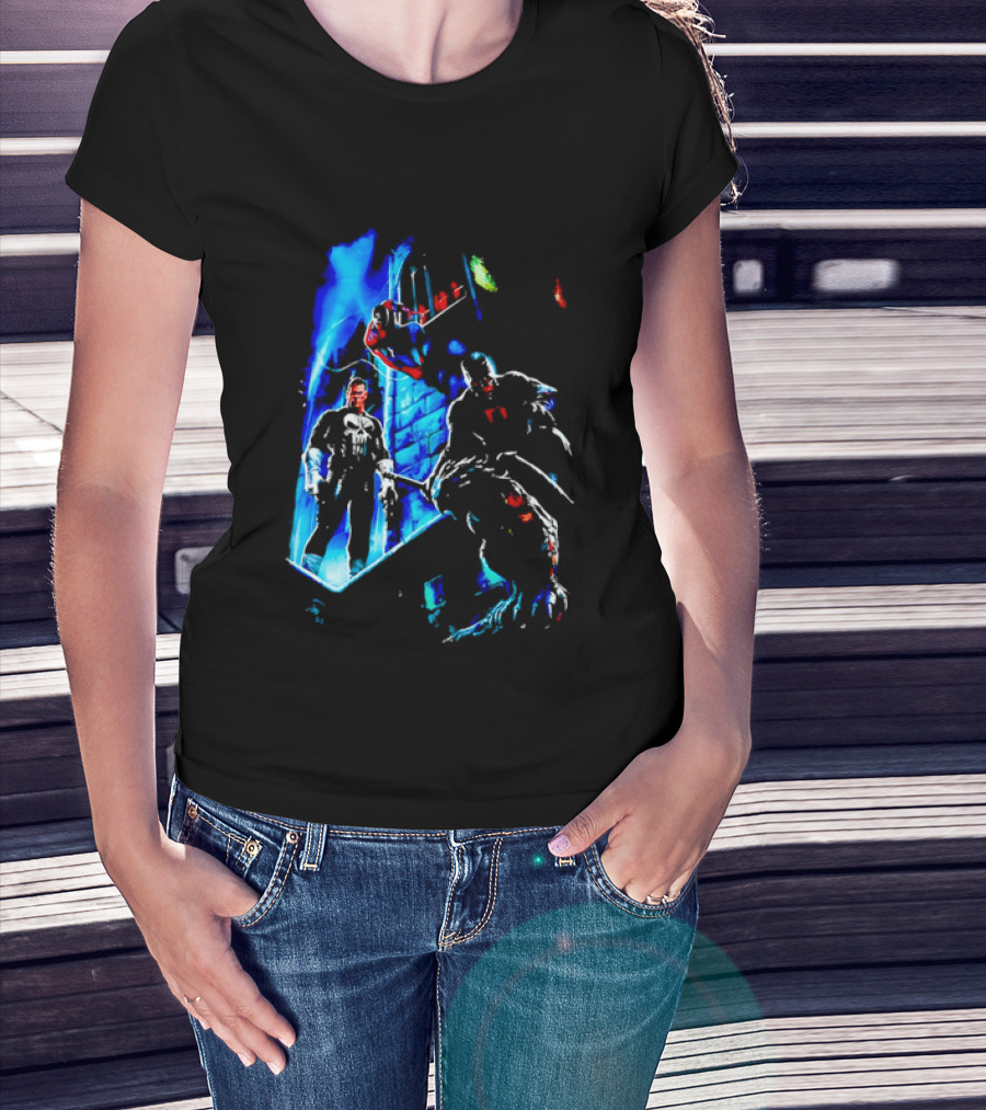 Marvel Comics Vigilante Action The Punisher Spider Man Daredevil Urban Battle Scene T-Shirt