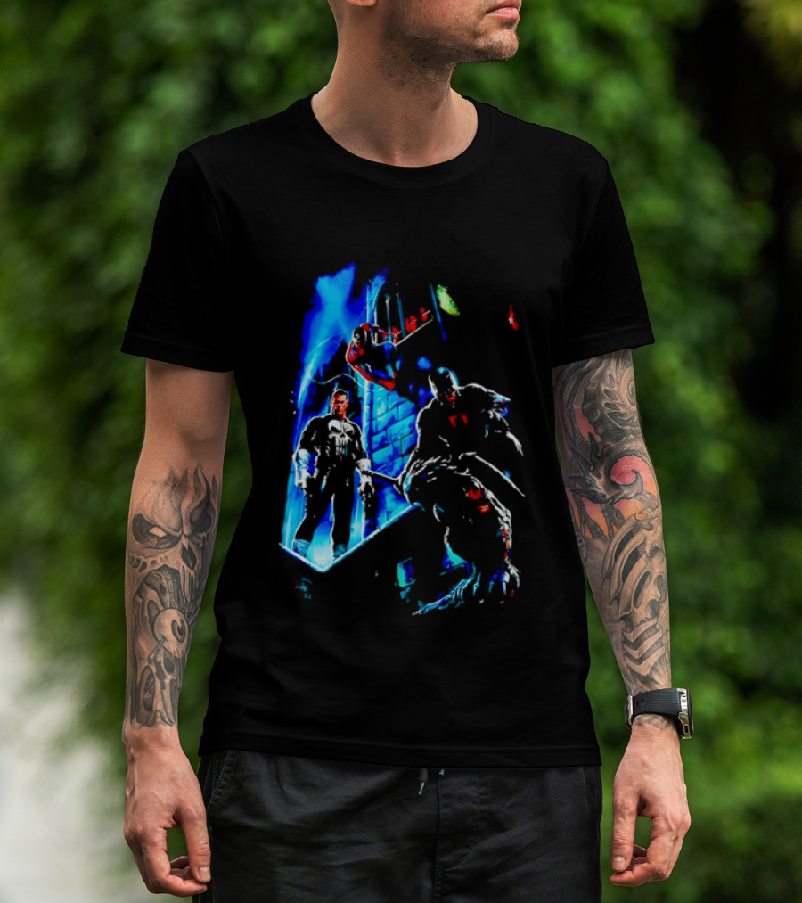 Marvel Comics Vigilante Action The Punisher Spider Man Daredevil Urban Battle Scene T-Shirt