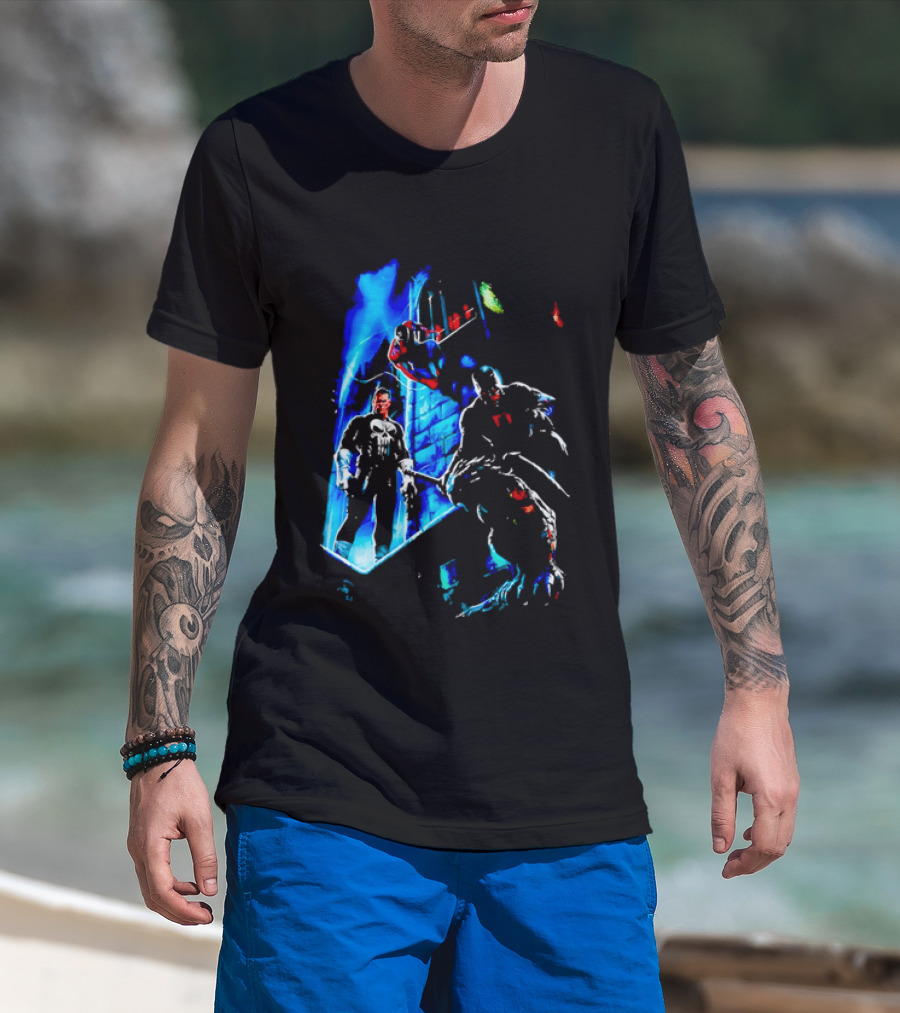 Marvel Comics Vigilante Action The Punisher Spider Man Daredevil Urban Battle Scene T-Shirt