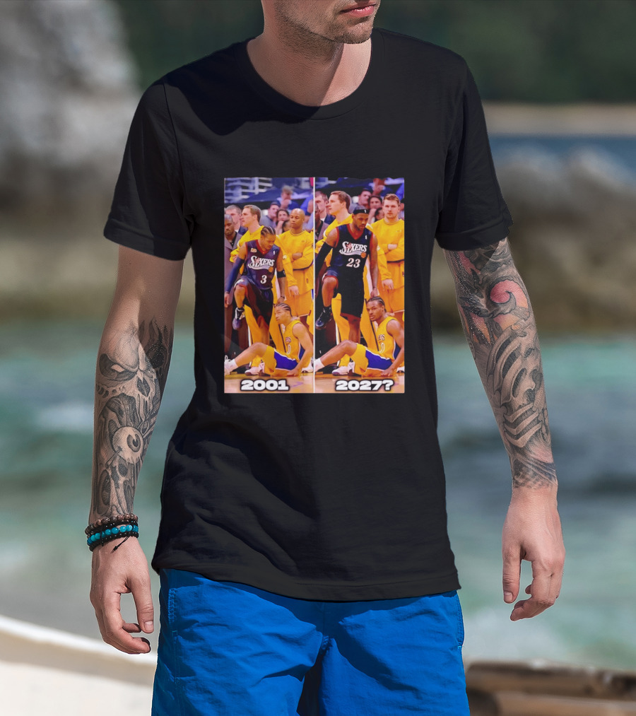2001 2027 Iverson LeBron Sixers Lakers Step Over Comparison T-Shirt